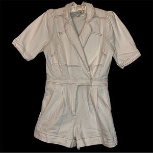 Day + Moon Cream Denim Romper Sz L Snap Button Zip Contrast Stitching Collared